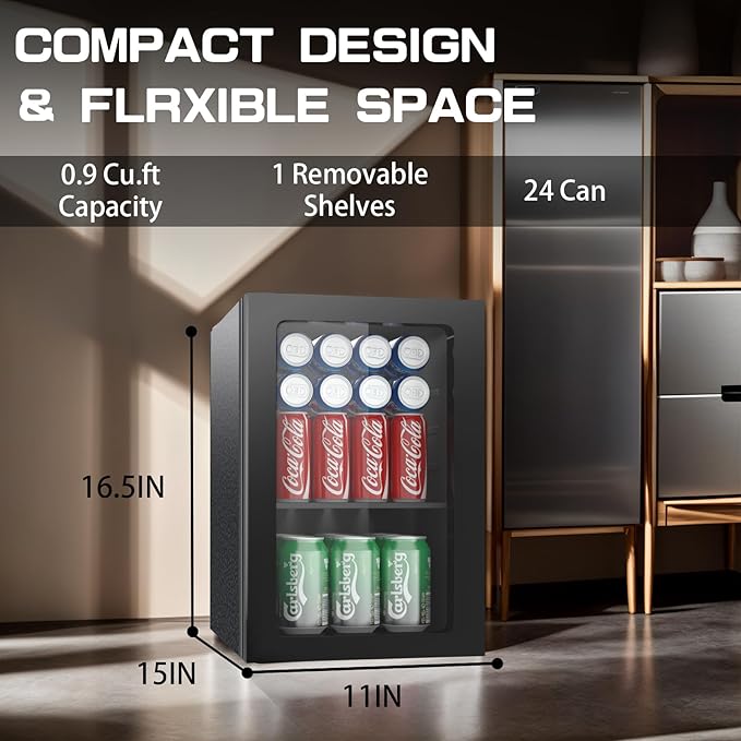 0.9 Cubic Feet Mini Fridge, 24 Can Freestanding Beverage Refrigerator with Acrylic Front Door for Soda Beer, Under Counter Small Refrigerator with Adjustable Shelves for Home Bar Office(Black)
