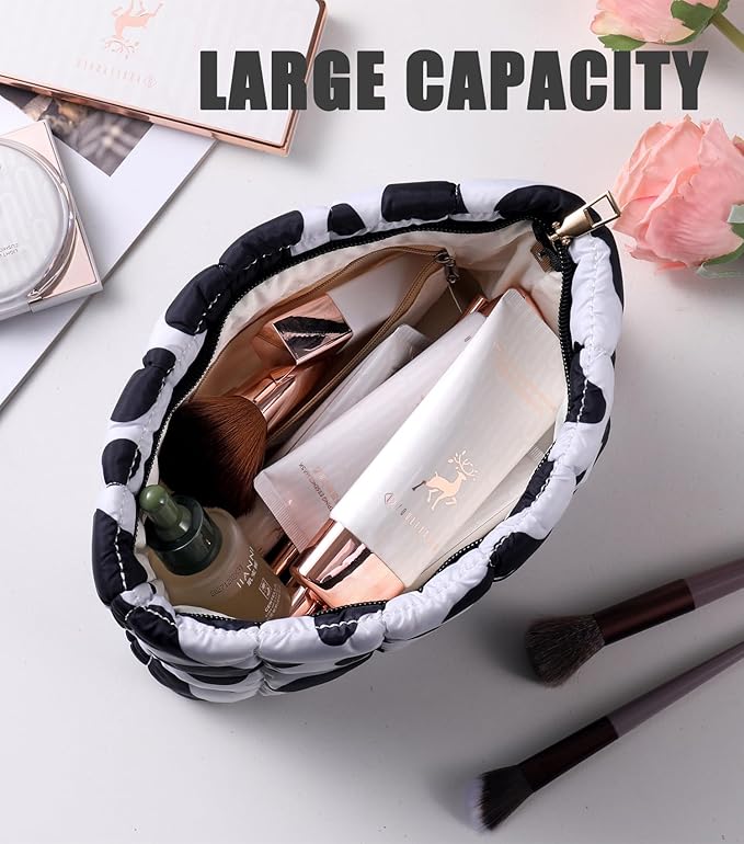 HFLZBRO Puffy Quilted Makeup Bag, Cosmetic Bag, Travel Toiletry Organizer Pouch, Clutch for Women (Cow Print)