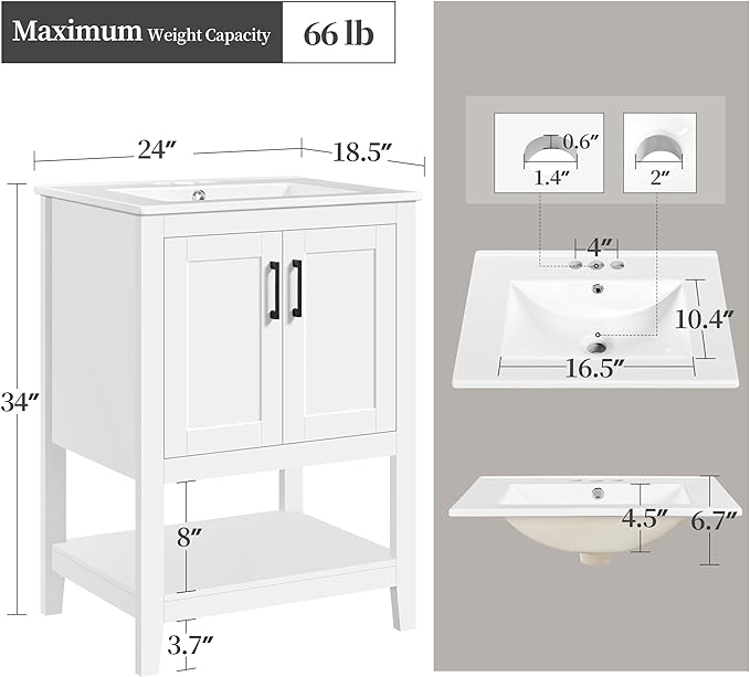 Yaheetech 24" Modern Bathroom Vanity with Sink, Bathroom Sink Cabinet with Rectangular Ceramic Basin, Bathroom Vanities Cabinet with 2 Doors and 1 Open Shelf, White