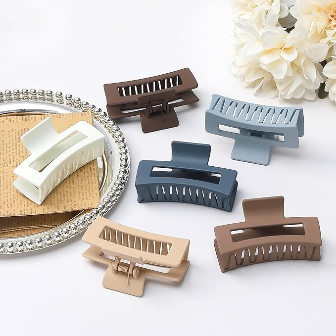 Sisiaipu Hair Clip, 3.5 Inch Medium Hair Claw Clips 6 Pack for Women - Brown, Blue, Beige, White, Square, Rectangle, Banana, Jaw Styles