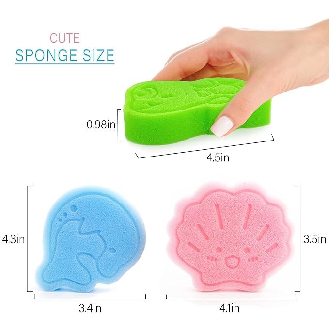 DANCELF Baby Bath Sponge, Natural Cute Shapes Soft Shower Sponges for Bathing, Bathtub Foam for Infants and Toddler, 3pcs: Blue Dolphin, Pink Shell, Green Turtle