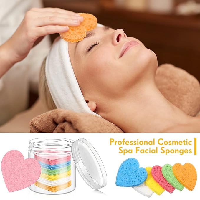 Nuenen 60 Pieces Facial Sponges with Container, Heart Shape Compressed Face Sponges Natural Cleaning Pads for Washing Face Cleaning Exfoliating Esthetician Makeup Removal(Multi Colors)