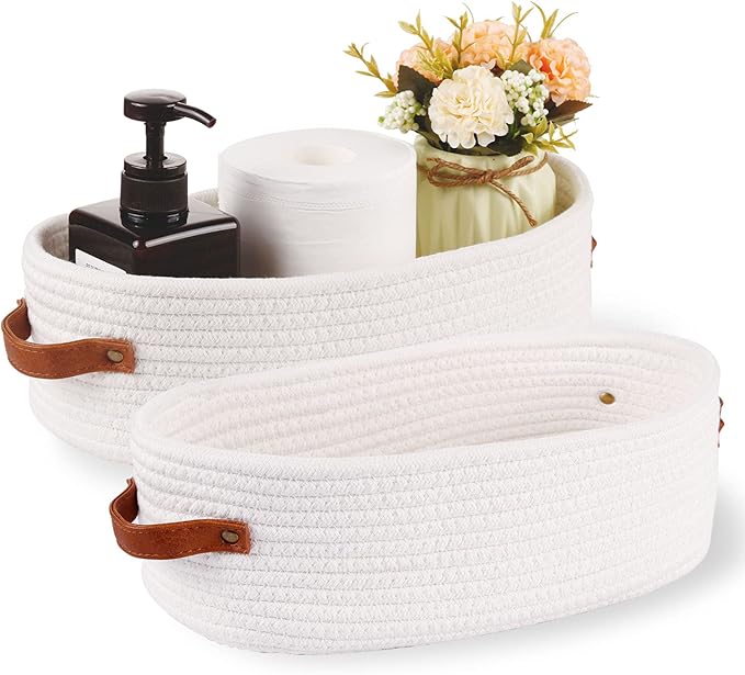 Oradrem 2 Pack Woven Storage Basket for Toilet Tank Top,Farmhouse Home Decor Organizing Baskets for Bathroom,Table and Counter 13"x5.9"x4" White