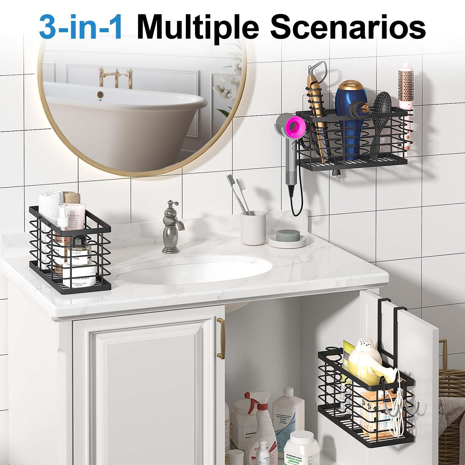 2026 Upgraded 3-in-1 Universal Hair Tool Organizer, XL Size, Black