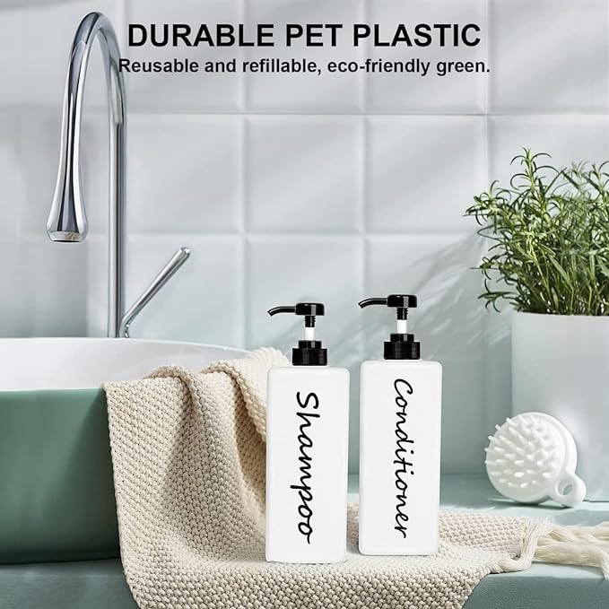 Shampoo and Conditioner Dispenser (Set of 3, 21oz) Modern Refillable Shampoo Pump Bottles for Shower Soap - Empty Body Wash Dispenser Set for Bathroom