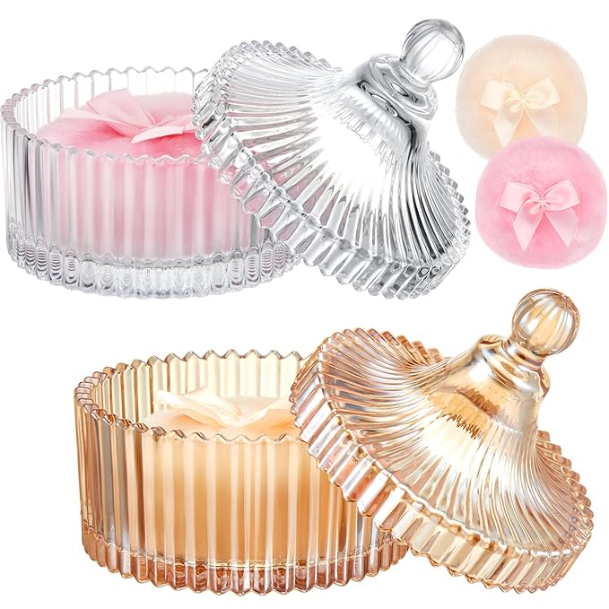 Tioncy 4 Pcs Large Body Powder Puff and Container Extra Large Body Powder Puff Dish Soft Washable Reusable Fluffy Makeup Sponge Wet Dry(Simple,Clear and Amber)