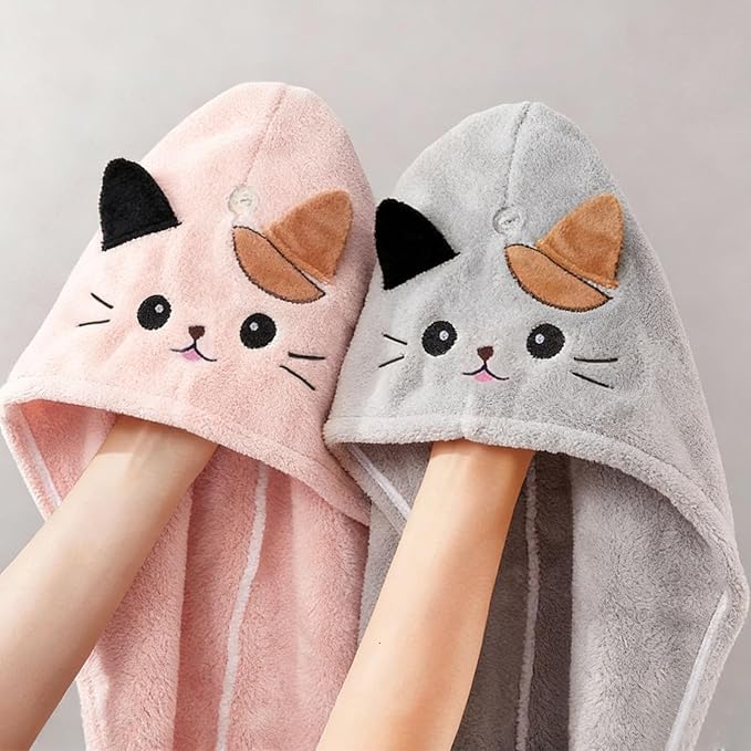 2Pack Microfiber Hair Towel Wrap for Kids, Cute Cat Absorbent Hair Drying Turbans Head Towels for Women Girls (Gray and Light Pink Cat)