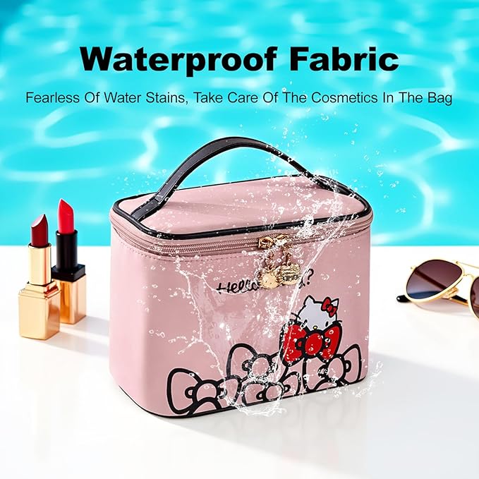 Vimanllie Makeup Bag Large Capacity Waterproof Cosmetic Bag with Dedicated Brush Holder,Cute Printed Makeup Organizer for Women Traveling,Portable Toiletry Bag for Girls