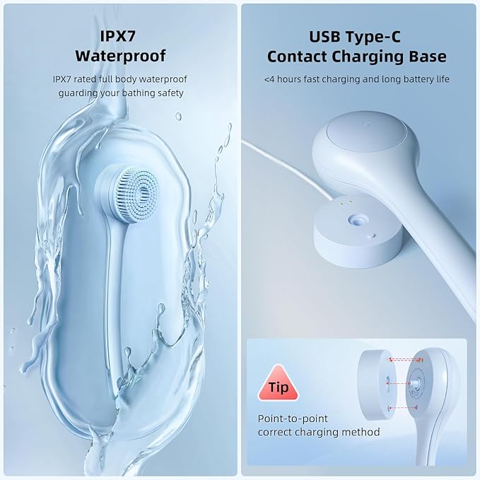 Oh,XIYU. Electric Body Brush Back Scrubber for Shower, Waterproof Long Dual Handle Power Body Scrubber with 3 Heads, Bath Brush & 2 Speeds, for Cleansing, Exfoliating and Massaging Skin, Sky Blue