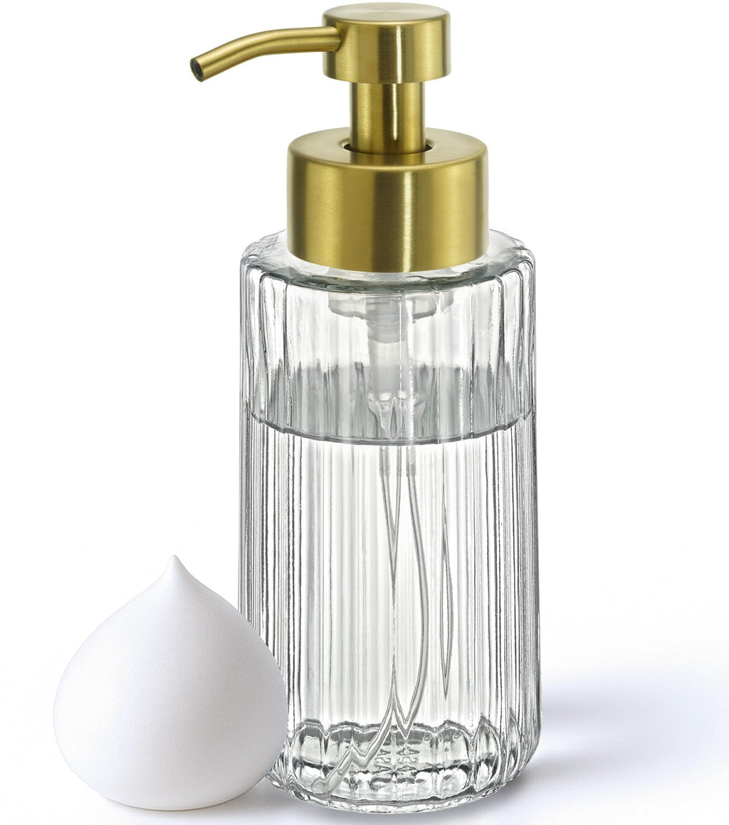 JASAI 16Oz Glass Foaming Soap Dispenser with Golden Rust Proof Pump, Refillable Foam soap Dispenser with Thick Glass, Elegance Foaming Hand Soap Dispenser for Bathroom & Kitchen.(Golden)