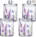 ALAZA 4 Pack Qtip Holder Dispenser for Cotton Ball Lavender Flower Purple Cotton Swab Round Pads Clear Plastic Acrylic Jar Set Bathroom Canister