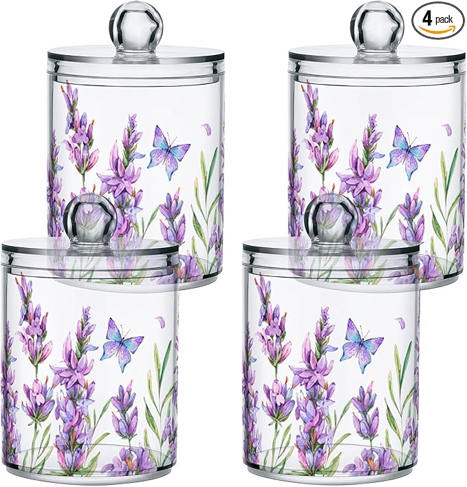 ALAZA 4 Pack Qtip Holder Dispenser for Cotton Ball Lavender Flower Purple Cotton Swab Round Pads Clear Plastic Acrylic Jar Set Bathroom Canister