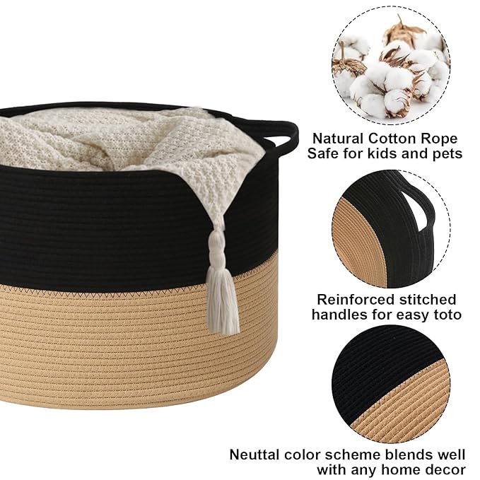 115L Large Blanket Basket,23.6" L x 23.6" W x 15.7" H Rope Woven Baskets with Handles, Toys Storage Bins,Laundry Basket Perfect for Living Room, Nursery,Bedroom,Home Organization,Black&Camel