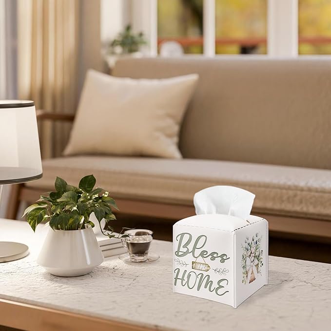 Bless Home & Flowers Bow Design Tissue Box Cover - Vintage PU Leather Waterproof Tissue Holder - Facial Paper Organizer for Home Bathroom Office - Desk Decorative Dispenser Box-B02