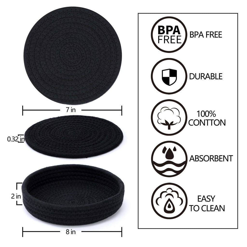 Coga Trivets for Hot Dishes, 5 Pack 7 Inch Cotton Hot Pads for Kitchen with Storage Basket, Round Pot Holders for Kitchen, Heat Resistant Mats for Countertop, Pots and Pans, Farmhouse Decor, Black