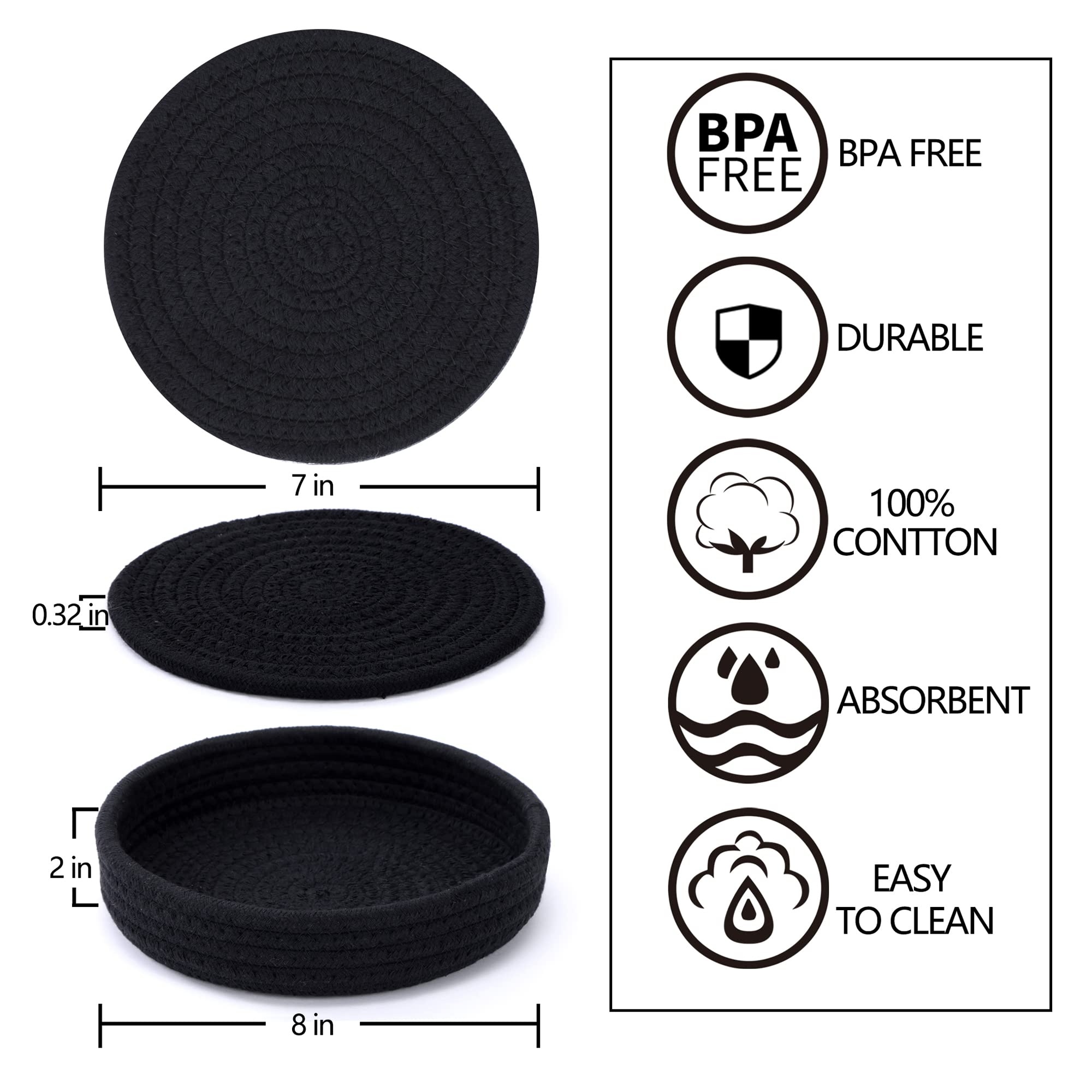 Coga Trivets for Hot Dishes, 5 Pack 7 Inch Cotton Hot Pads for Kitchen with Storage Basket, Round Pot Holders for Kitchen, Heat Resistant Mats for Countertop, Pots and Pans, Farmhouse Decor, Black