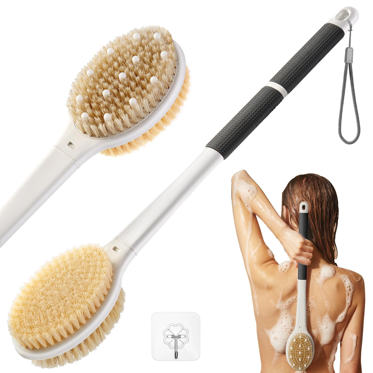 Dry Brushing Body Brush for Massage - Natural Boar Bristle Exfoliating Brush with Massage Nodes for Lymphatic Drainage, Cellulite, Blood Circulation Improving Skin Health for Women Men Elderly(Grey)
