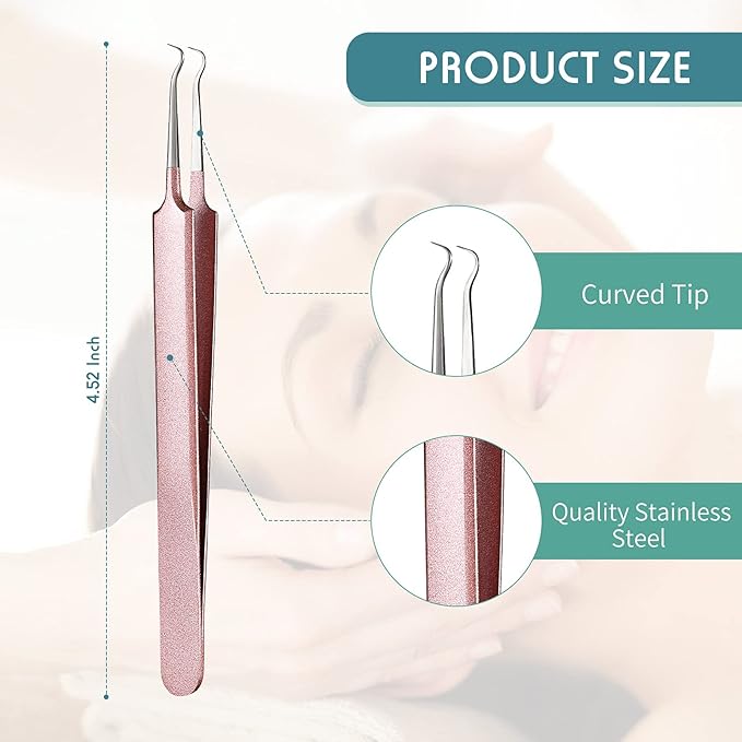 Honoson 3 Pcs Blackhead Tweezer Stainless Steel Pimple Tweezers Tool for Remove Zit Whitehead Pimple Bend Curved Extractor Tweezer Skin Blackhead Remover Tools(Champagne Purple)