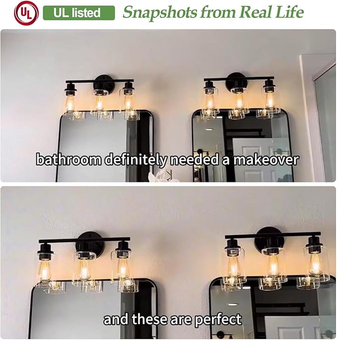 Zarbitta 3-Light Bathroom Light Fixtures, 17.23" Black Modern Vanity Lights with Clear Glass Shade, Bathroom Wall Lamp for Mirror Kitchen Living Room Hallway Cabinet Porch