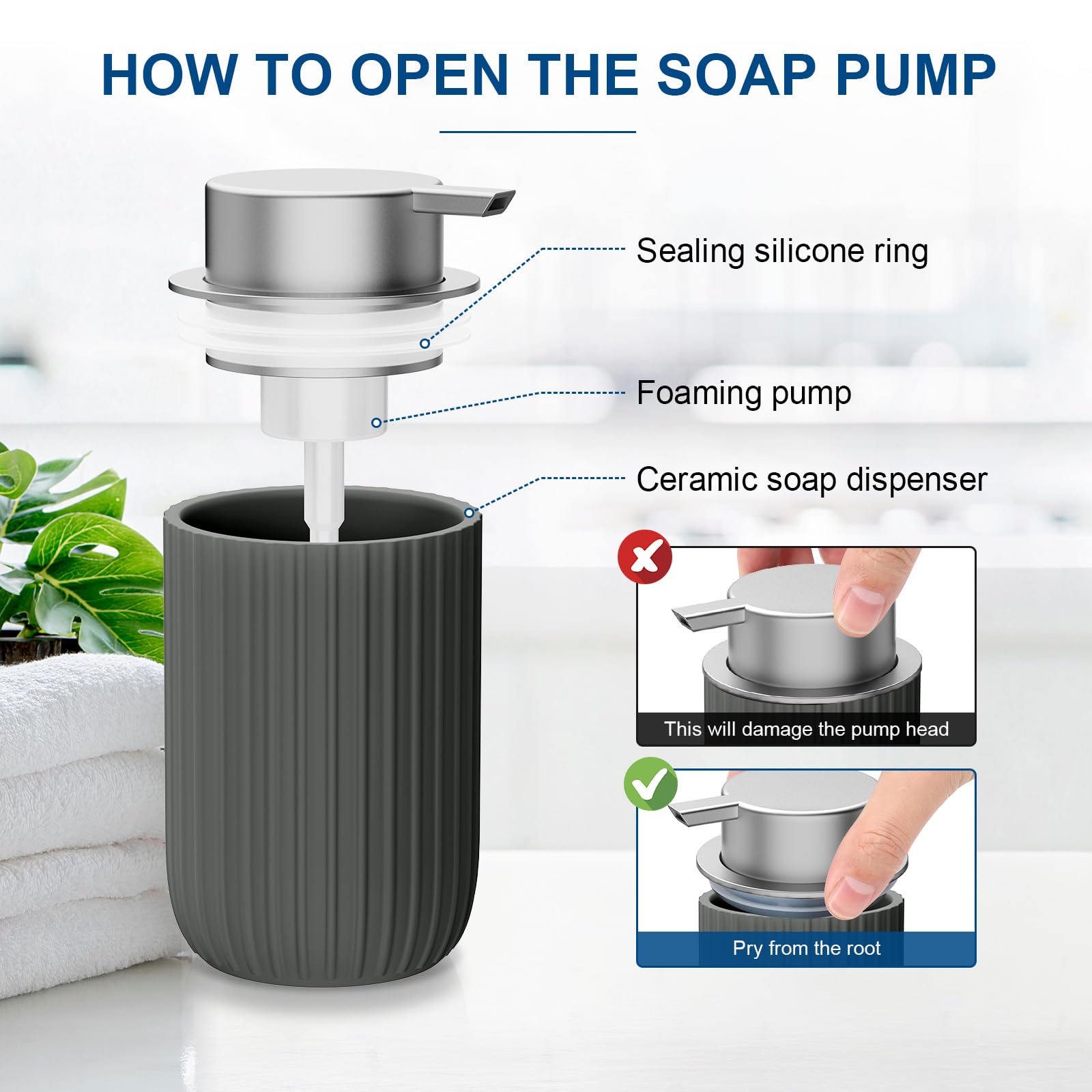 Ceramic Foaming Soap Dispenser, 12 oz Bathroom Foam Hand Soap Dispenser, Refillable Lotion Soap Dispenser with Removable Pump for Kitchen Hand Wash Dispenser, Modern Home Decor (Matte Grey)