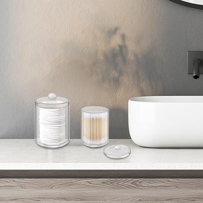 YOLCAR 2 Pack Cotton Swab Holder, Transparent Acrylic Organizer with Lid, Clear Dispenser for Swabs, Bathroom Organizer and Storage, Home Decor, 10oz and 12oz