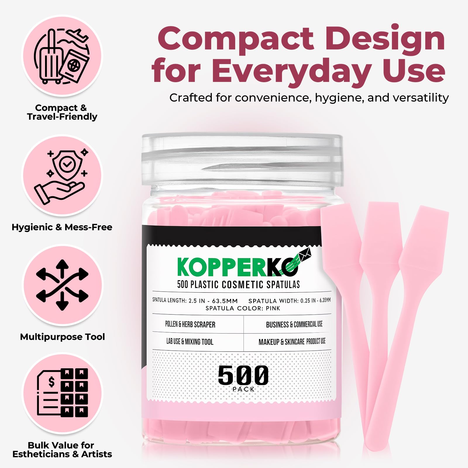 Kopperko Mini Face Cream Spatula (2.5", 500 Pack) - Small Lotion Spatula Tool for Skincare, Creams & Crafts | Skincare Applicator for Mixing, Cosmetic, Face Mask | Disposable Makeup Paddles | Pink