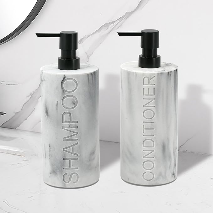 Indecor Home Marble Resin 2 Piece Shampoo and Conditioner Dispenser Set, Luxurious Refillable Pump Bottles with Matte Pump Top and Embossed Text, Durable Design for Bathroom and Shower