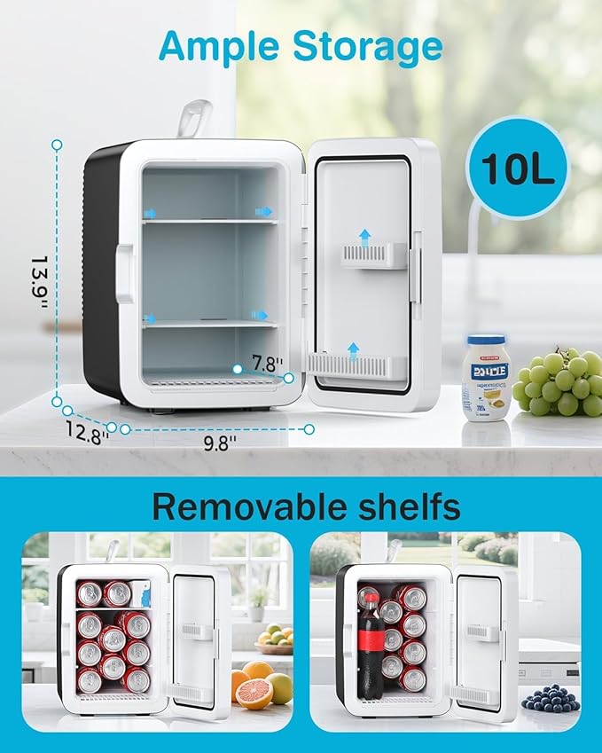Electactic Compact Mini Fridge, Portable Small Refrigerator with AC/DC Adapters, 10 Liter / 2.6 Gal Small Cosmetics Cooler for Beverage, Food, Skincare, Bedroom, Office and Car, Black