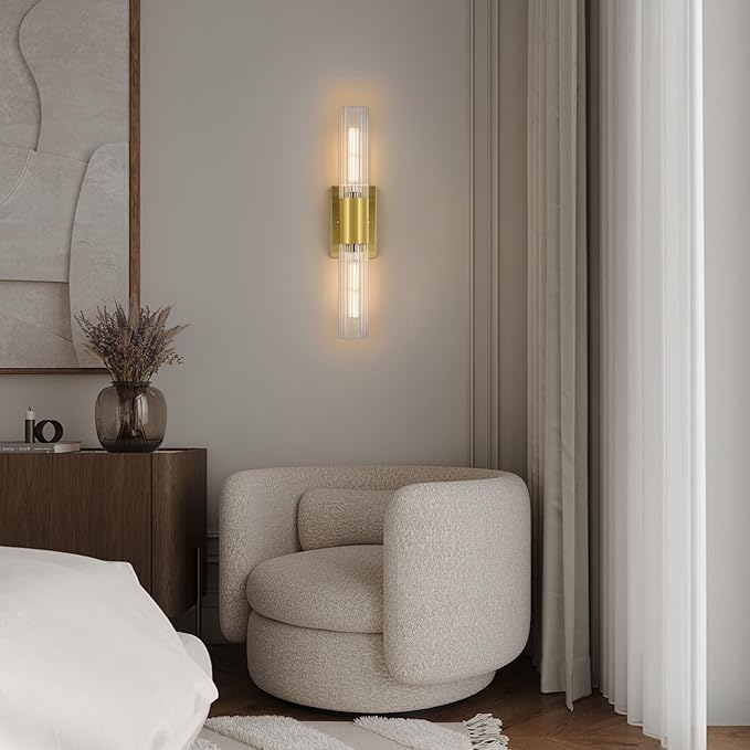21" Gold Bathroom Sconces Set of 2 , Modern Wall Sconces Set of Two with Threaded Glass, Hardwired Up Down Wall Lighting Vanity Fixtures for Bedroom Bathroom Living Room Hallway (Bulb Not Included)