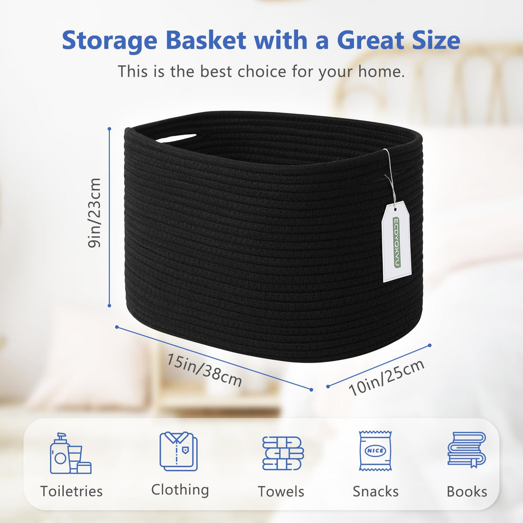 ECDYQXVU 15x10x9 Inch Woven Cotton Rope Storage Basket, Black, 1 Pack