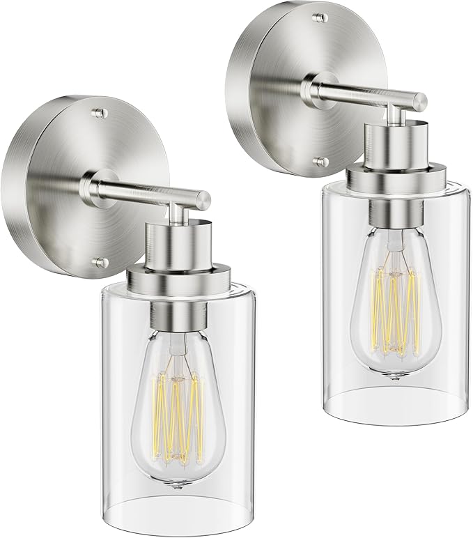 GORDNWE Set of 2 Bathroom Wall Sconce, Brushed Nickel Vanity Light, Modern Wall Light Fixture with Clear Glass Shade and E26 Bulb Base, Wall Lamp Wall Mount Light Fixtures for Mirror, Bedroom