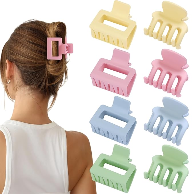 Medium Hair Clips Combination 2 Styles Small Claw Clips for Thin Hair 8 Pcs Matte Non-slip Rectangle Jaw Clips Square Hair Accessories for Women and Girls (Colorful)