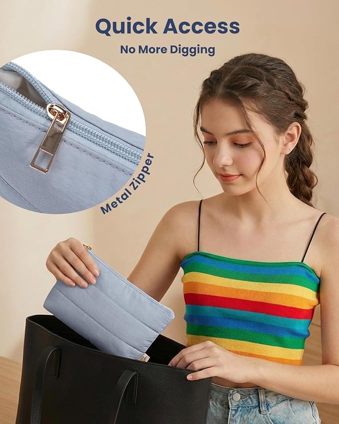 Wandering Nature Small Makeup Bag 2 Pack Cosmetic Bag for Purse, Puffer Quilted Makeup Pouch, Cute Travel Pouch with Zipper for Women, Gray Blue