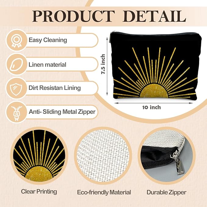 RYYCDOI Boho Makeup Bag, Boho Abstract Black and Gold Sun Sunshine Makeup Bags for Women, Boho Gifts for Women, Boho Makeup Pouch Zipper Pouch, Aesthetic Makeup Bag