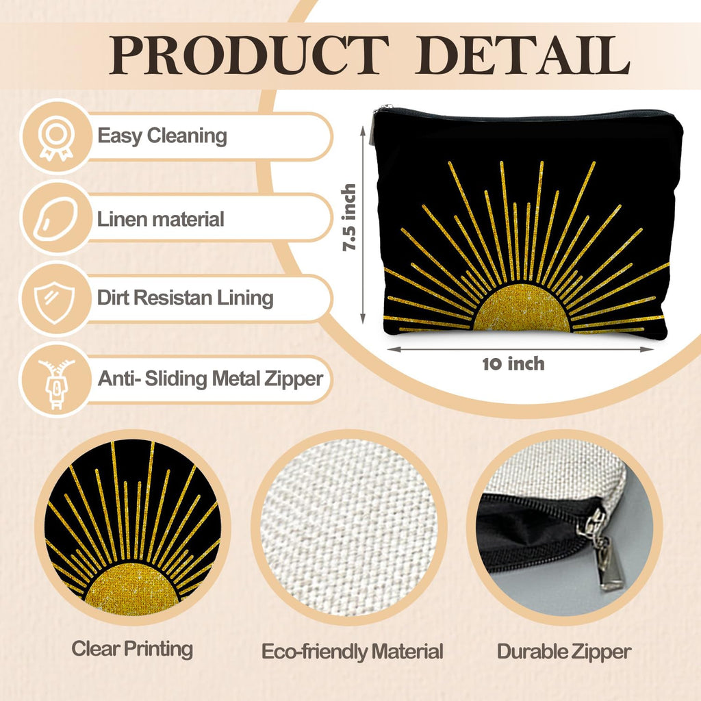 RYYCDOI Boho Makeup Bag, Boho Abstract Black and Gold Sun Sunshine Makeup Bags for Women, Boho Gifts for Women, Boho Makeup Pouch Zipper Pouch, Aesthetic Makeup Bag