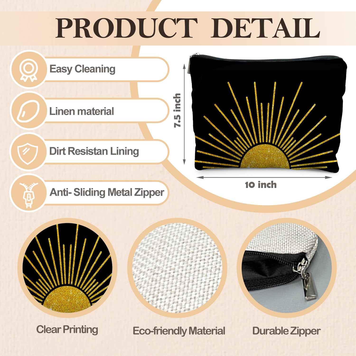 RYYCDOI Boho Makeup Bag, Boho Abstract Black and Gold Sun Sunshine Makeup Bags for Women, Boho Gifts for Women, Boho Makeup Pouch Zipper Pouch, Aesthetic Makeup Bag