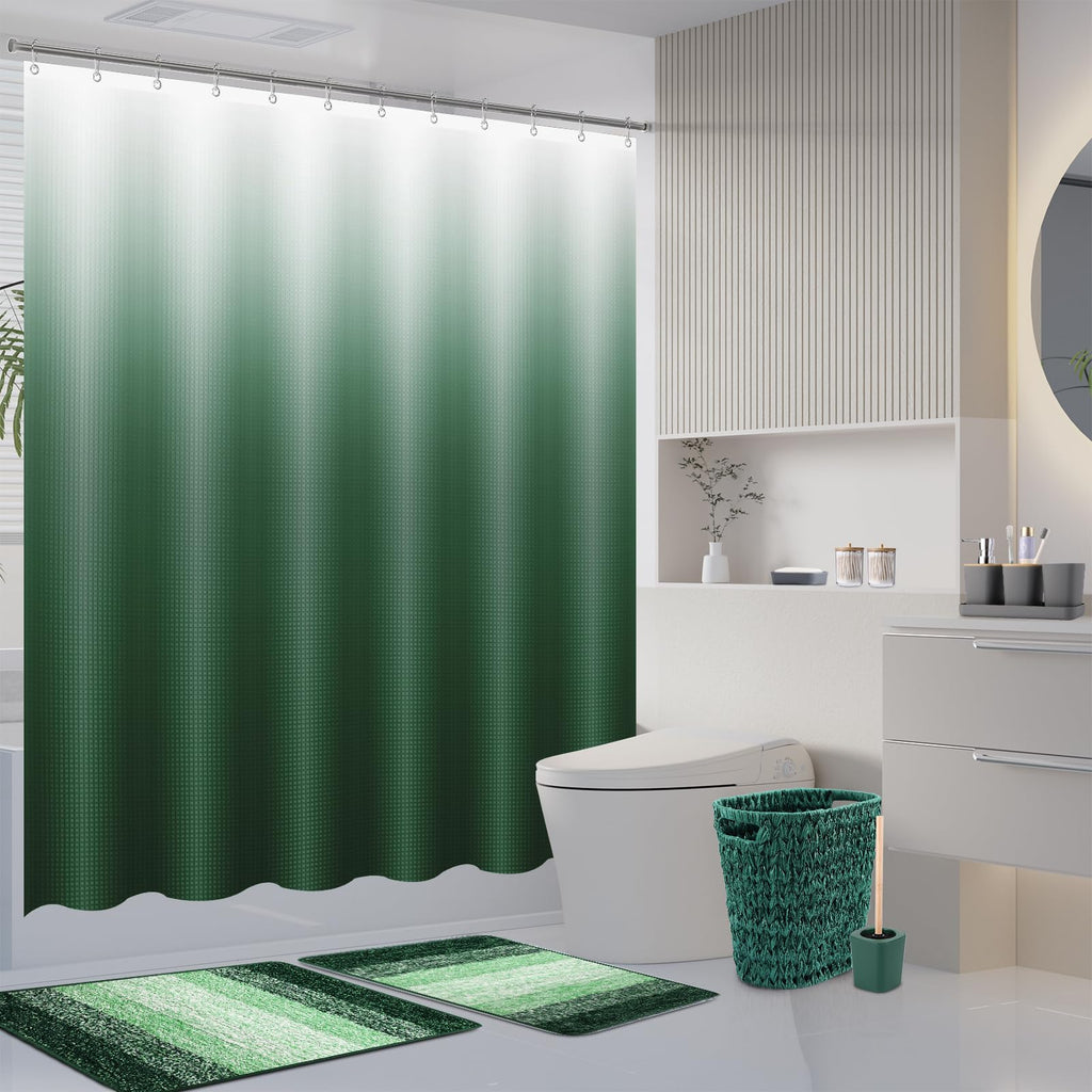 XLHOMO Dark Green Bathroom Accessories Set with Wicker Trash Can Shower Curtain and Rugs,Bathroom Sets Small Waste Basket Bathroom Trash Can for Bedroom Bathroom