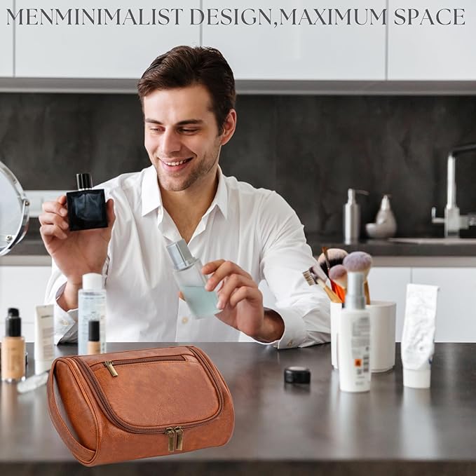 Mens Toiletry Bag, Compact Dopp Kit for Men Travel, PU Leather Shaving Kit, Water-Resistant Minimalist Organizer with Wrist Strap, Fits Grooming Essentials,Small 9X5.9X3 Inch Brown
