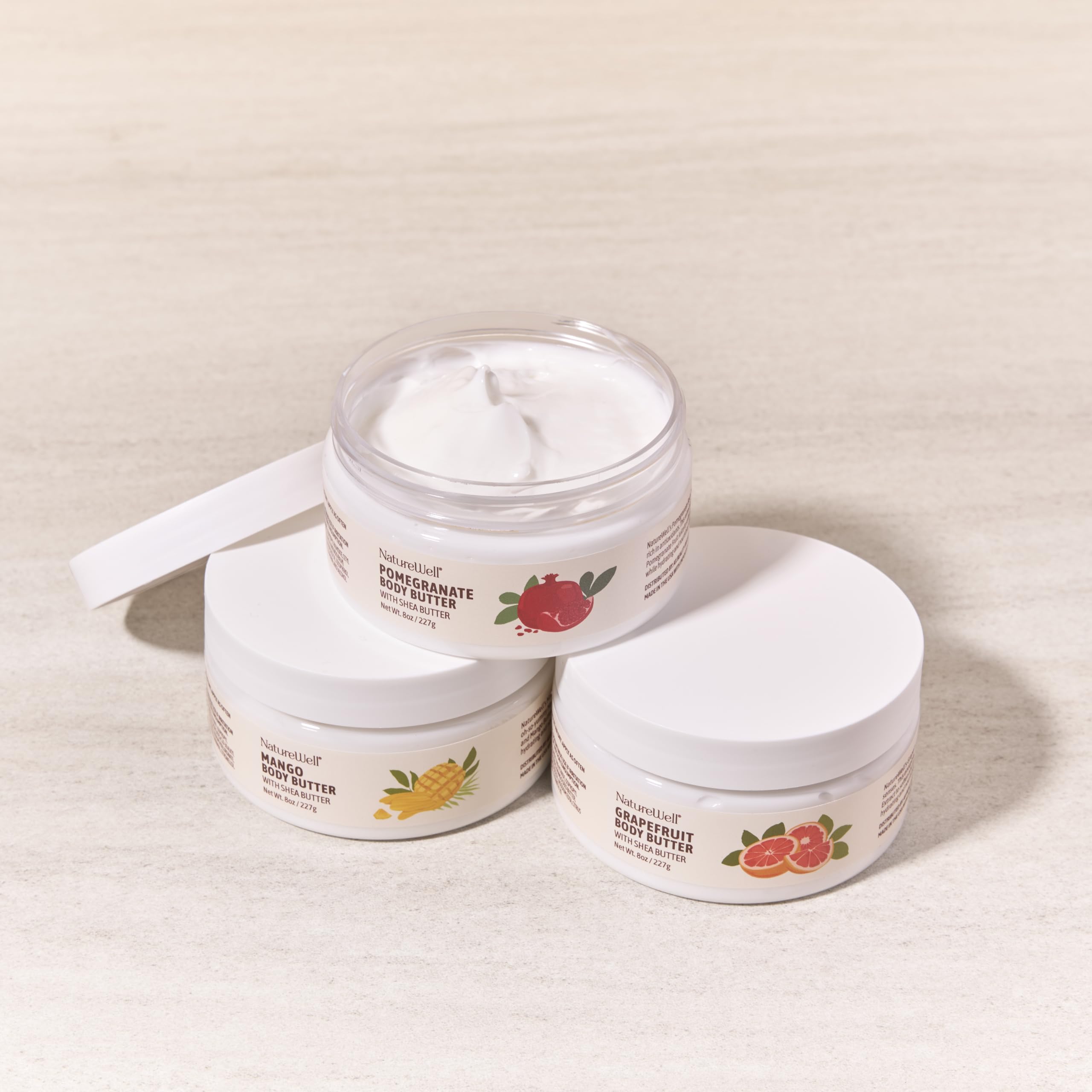 NATURE WELL Shea Body Butter Variety Pack, Includes Grapefruit, Mango, & Pomegranate, Provides Ultimate Nourishment & Hydration, 3 Pack (8 Oz Ea)