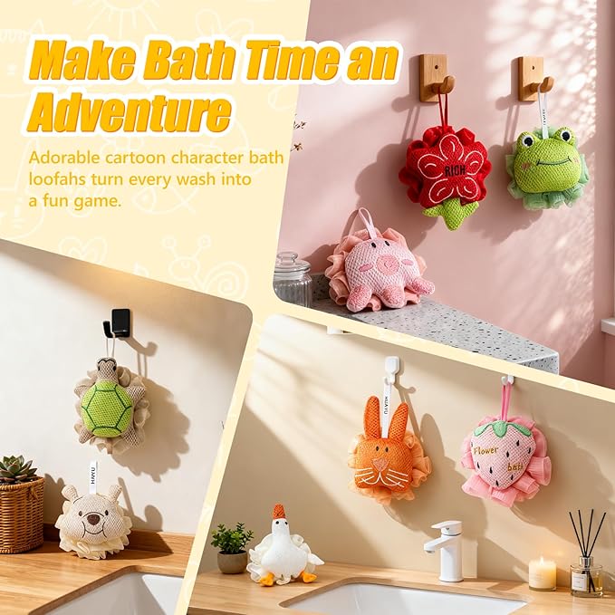 Kids Loofah, Cute Cartoon Animal Kids Bath Sponge with Hanging Rope, Soft Double Mesh for Rich Lather (Little Orange Rabbit)