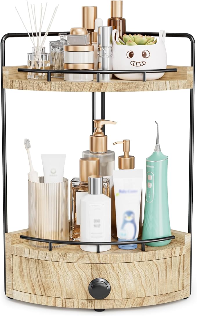 Aollewoiti 2-Tier Corner Bathroom Counter Organizer with Drawer, Wood color