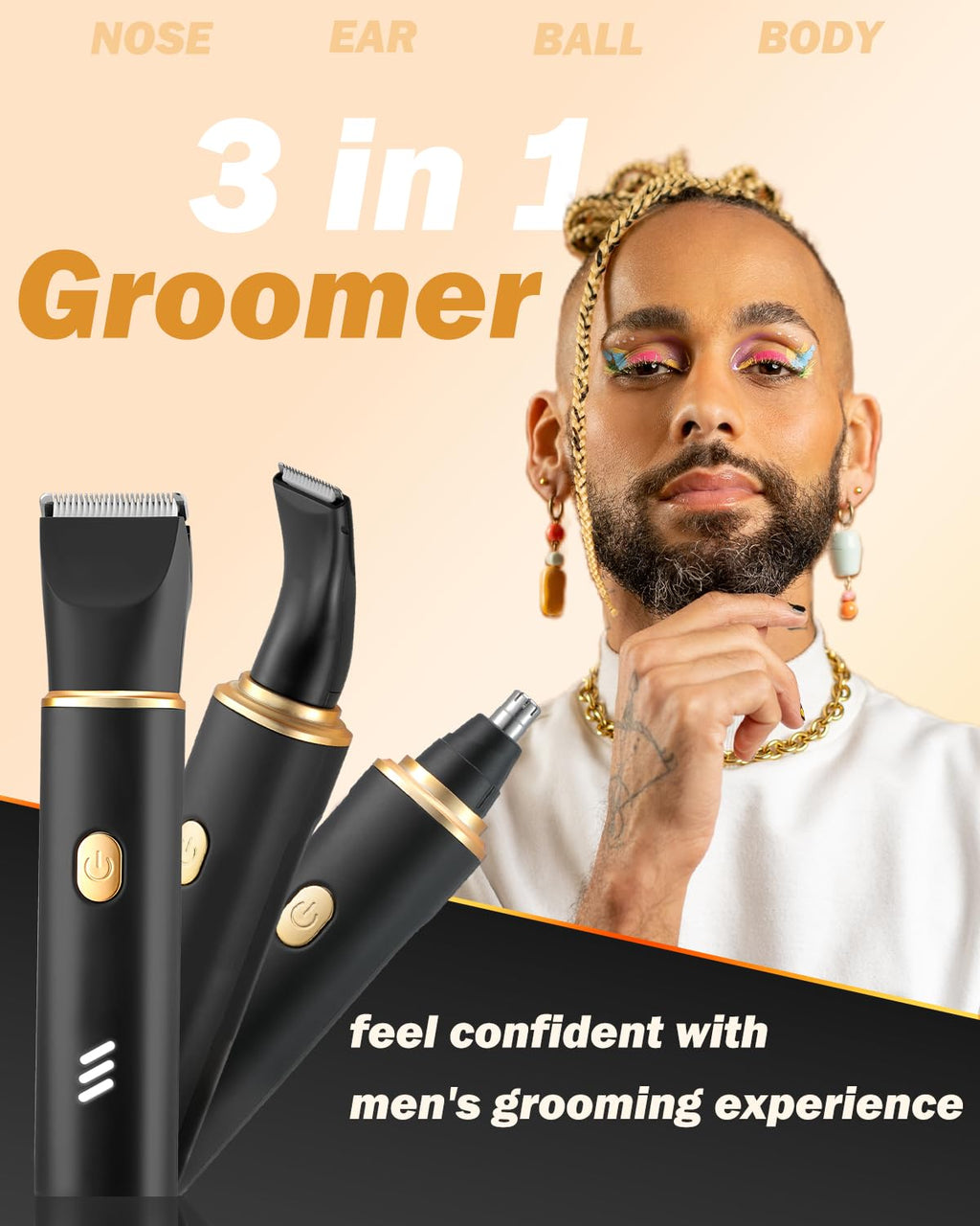 RAXMETRY Manscape Body Hair Trimmer for Men-3 in 1 Electric Razor Groin Groomer,IPX7 Waterproof,Versatile Hair Trimmer for Ball/Pubic/Chest/Beard/Nose,USB-C Rechargeable,Gifts for Him Dad