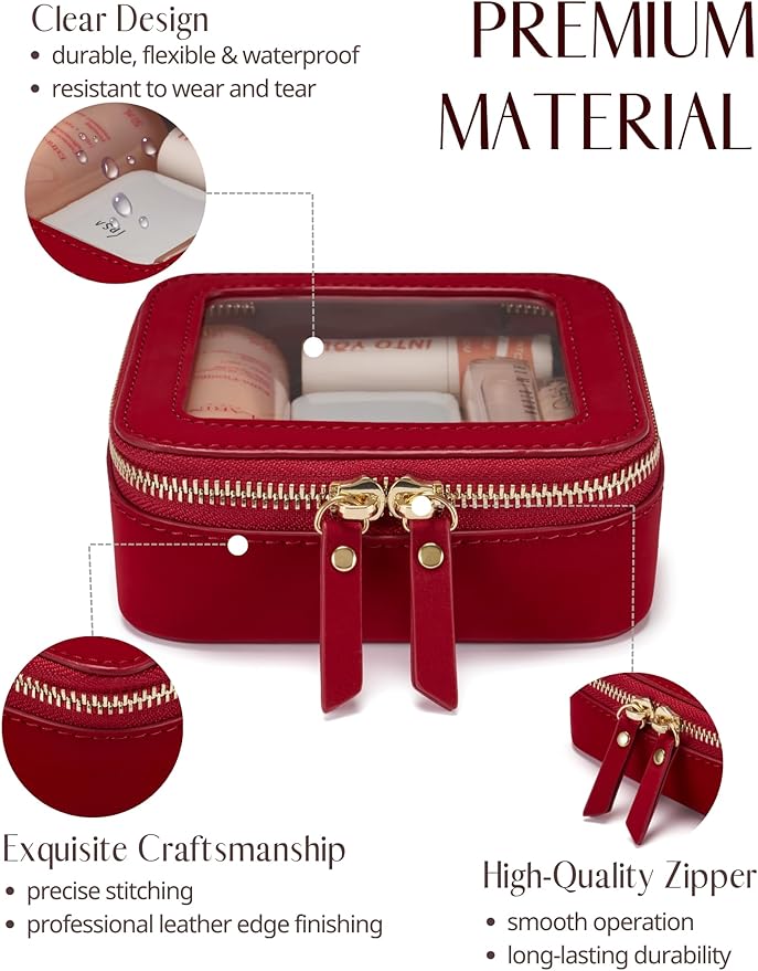 Popvibe Clear Makeup Bag Travel Cosmetic Case Toiletry Bag with Zipper, Portable Make Up Organizer Traveling Compact Car Bag for Essentials, Red, Mini