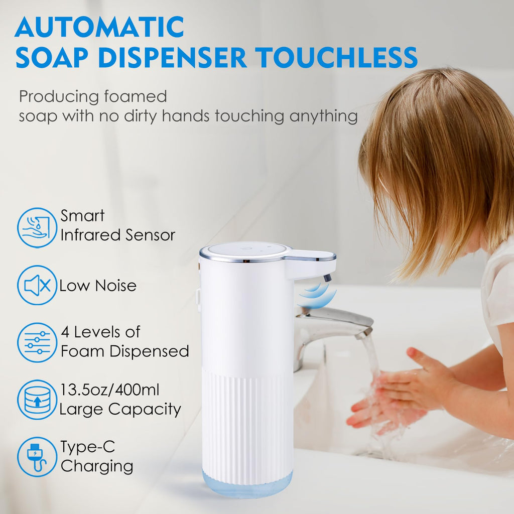 XINKORA 2 Pack Automatic Soap Dispenser Touchless, Rechargeable Foaming Hand Soap Dispenser, 4-Level Adjustable Foam for Bathroom Countertop, Electric (White)