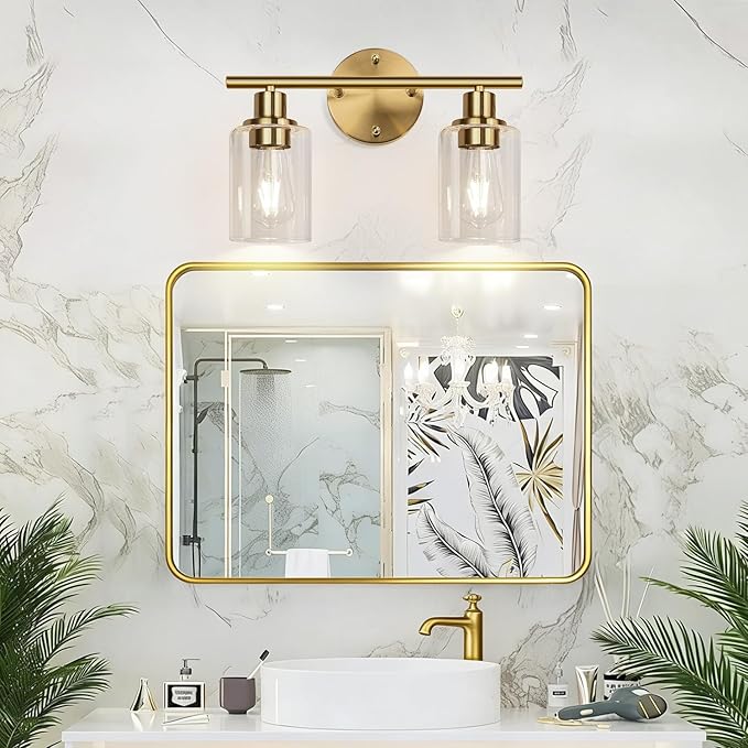 Zarbitta 2-Light Bathroom Light Fixtures, Brushed Gold Vanity Light, Modern Vanity Lights with Clear Glass Shade, Bathroom Wall Lamp for Mirror Kitchen Living Room Hallway Cabinet Porch