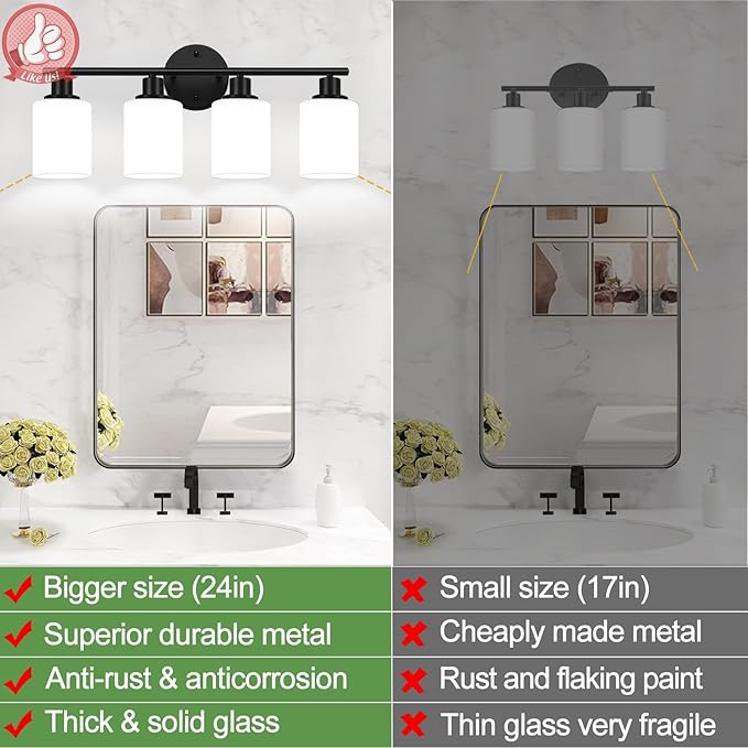 Zarbitta 4-Light Bathroom Light Fixtures, Black Modern Vanity Lights with Milky White Frosted Glass Shades, Bathroom Wall Lamp for Mirror Kitchen Living Room