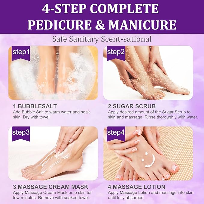 nbc BeautiLab 24 PCS Foot Soak, Pedicure Kit Foot Soak Set With Bubble Salt, Sugar Scrub, Massage Mask, Massage Lotion In a Box 4 Step Foot Spa Kit For Dry Cracked Feet, Tired Feet, 6 Set Lavender