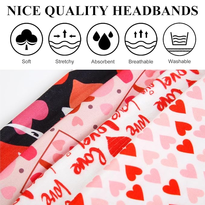 Huachi 4 Packs Valentine Headbands for Women Wide Knotted Valentine Heart Headbands Trendy Love Head Bands for Women’s Hair Large Bandana Hairbands Valentines Gifts Hair Accessories