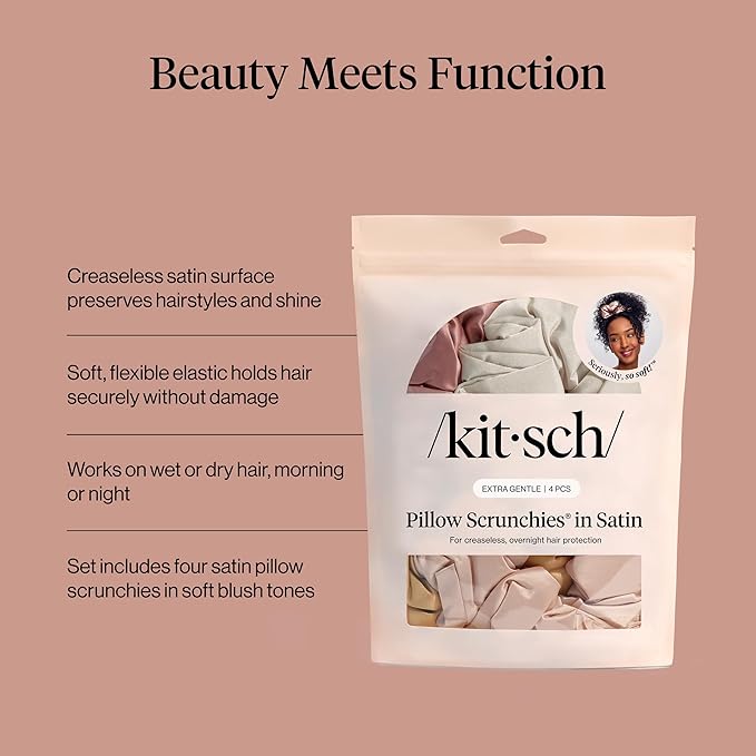 Kitsch Pillow Satin Scrunchies for Women - Hair Ties No Damage, No Crease Hair Accessories | Perfect for Day or Night - Blush, 4pcs
