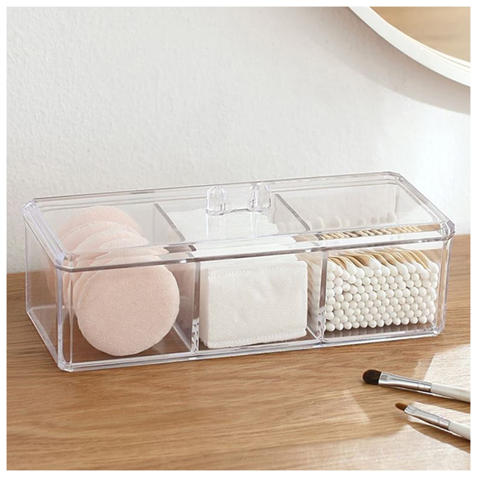 Square Qtip Holder Dispenser, 3 Compartments Cotton Ball Holder, Bathroom Canisters for Cotton Swab, Ball, Cottons Pad Organizer, Clear Acrylic Containers with Lid for Bathroom Vanity Countertop
